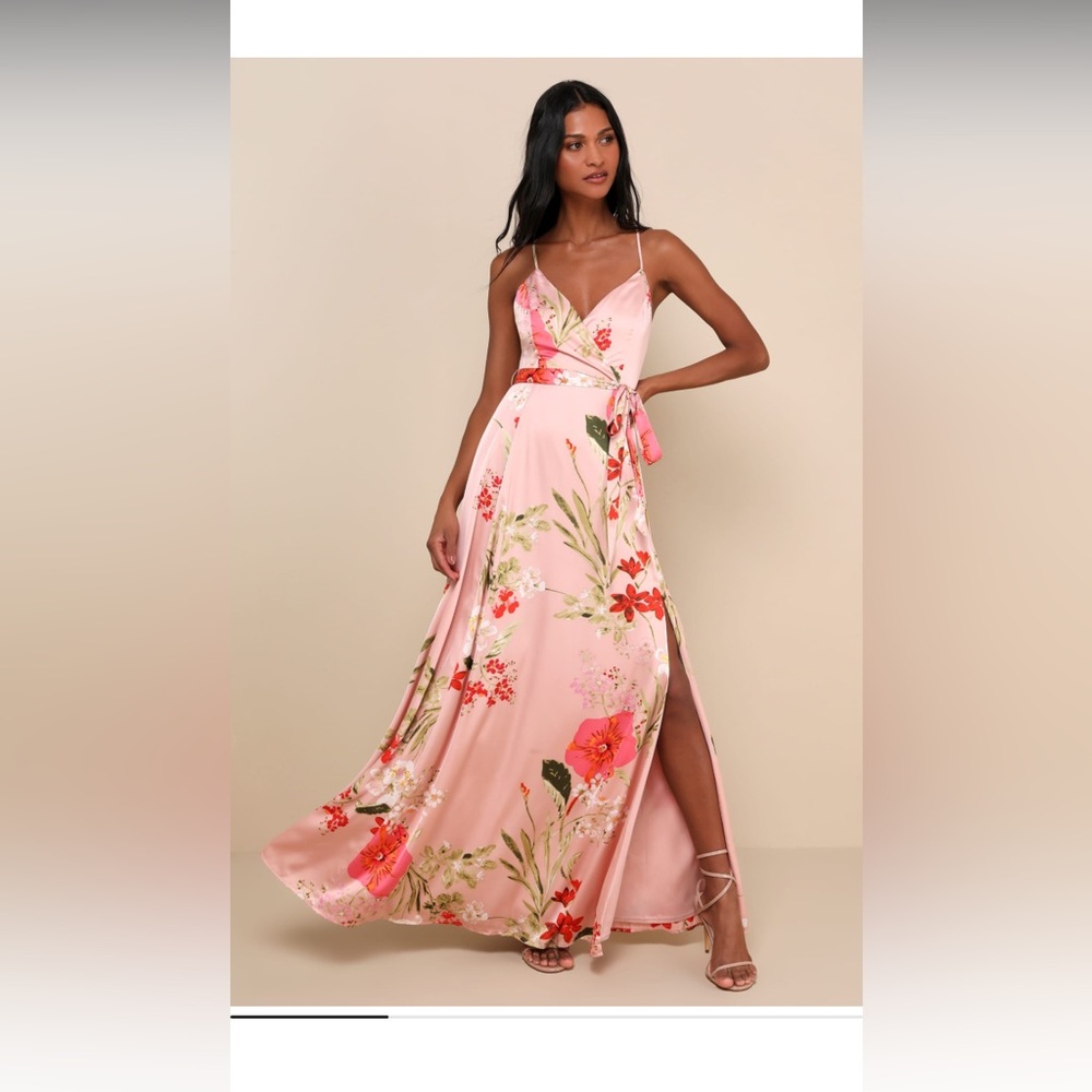 The Lulus Still the One Blush Pink Floral Print Satin Maxi Dress